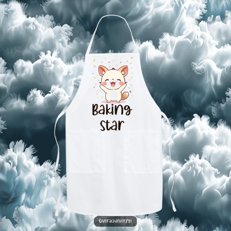 Funny apron with a small animal character cheering loudly with confetti raining down, a humorous and festive kitchen accessory.