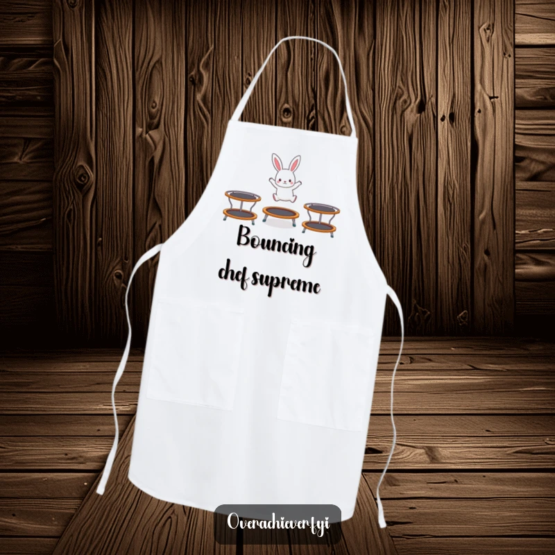 Funny apron showcasing a tiny rabbit character hopping energetically on three trampolines, ideal for a playful cook or baker.