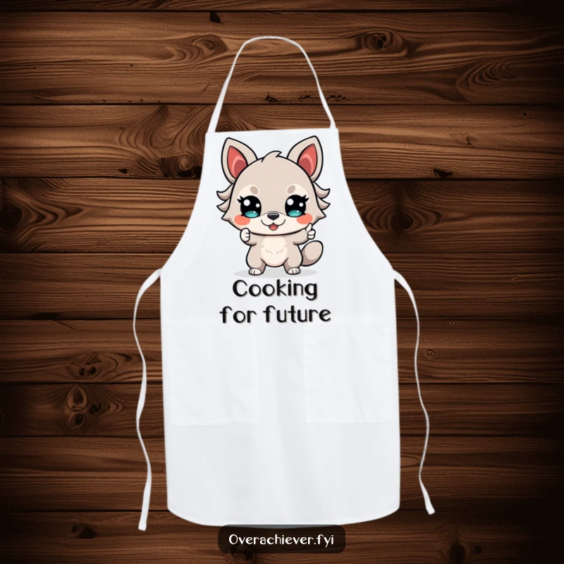 Funny Apron showing a determined animal character with a confident smile, pointing towards future culinary success and delicious meals.