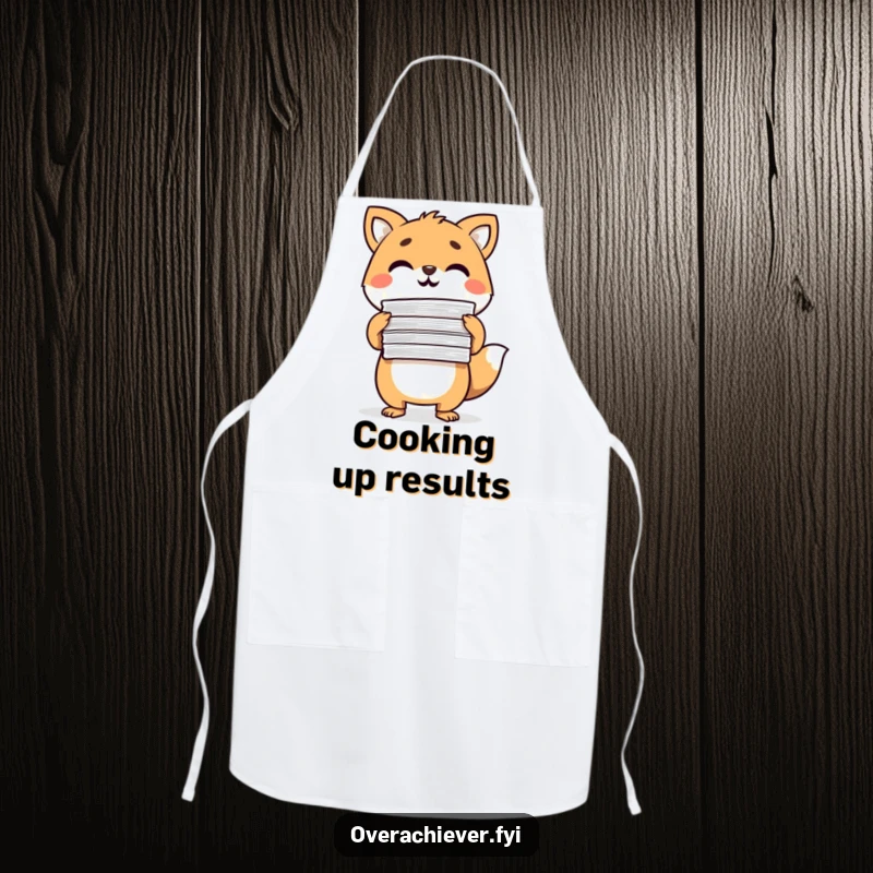 Funny Apron showing a determined animal character triumphantly holding completed papers, ideal for organized chefs.