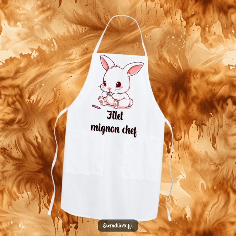 Funny tiny rabbit with a miniature file attending to its toenails on an apron, making cooking fun.