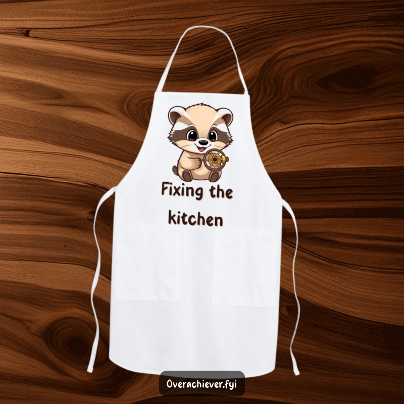Funny Apron: A delighted badger character with wide eyes, carefully studying a very small, complex mechanical device.