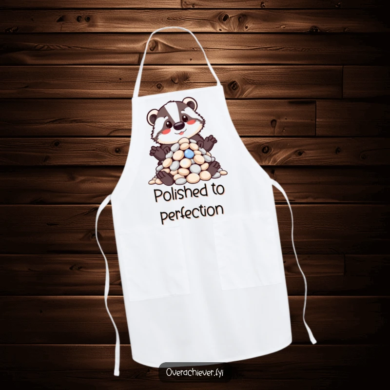 Funny apron with a proud badger showcasing a meticulously organized pile of shiny pebbles, perfect for kitchen humor and a great funny gift.