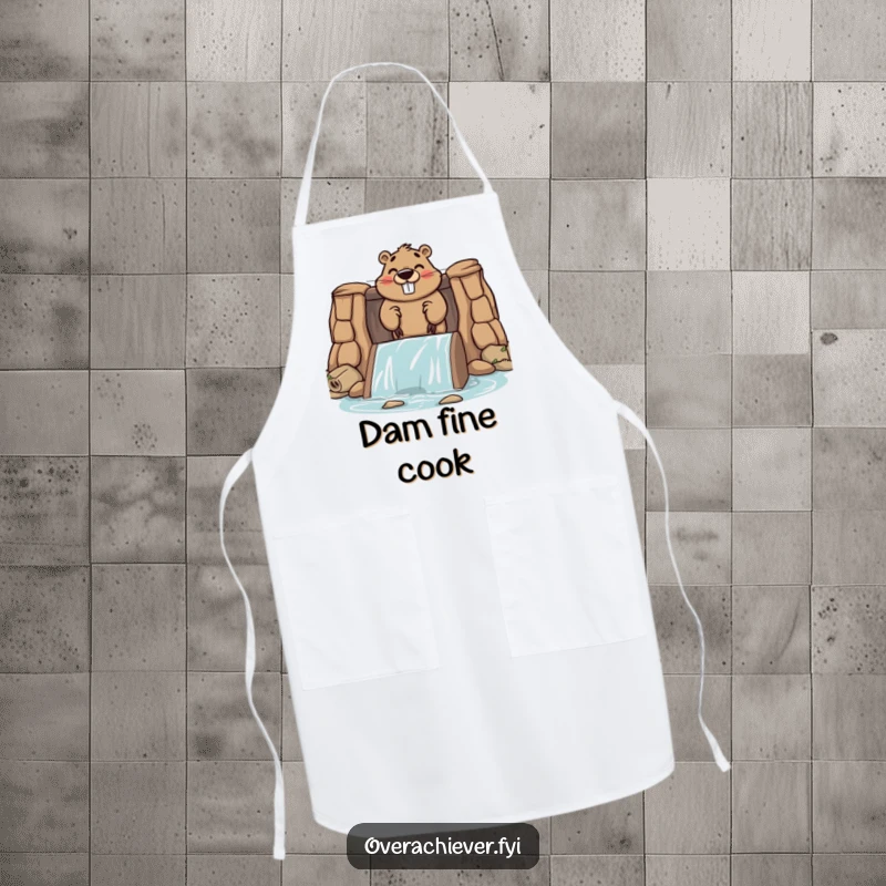 Funny apron showing a cute beaver character proudly building a large dam, ready for kitchen construction.