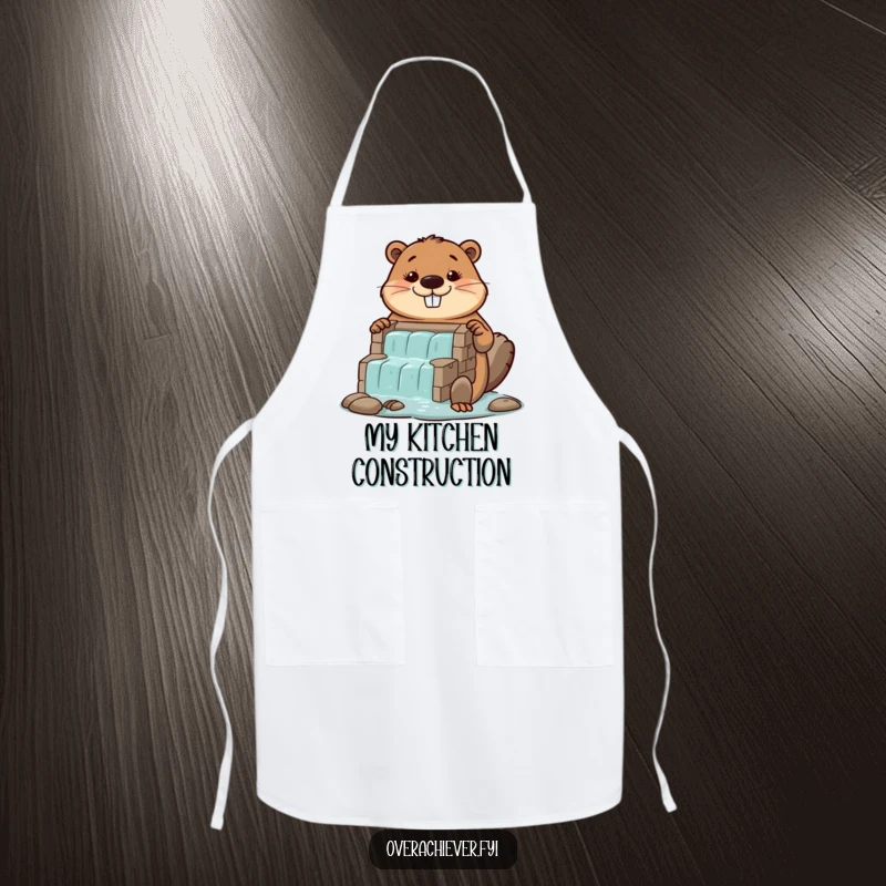 Funny diligent beaver apron, proudly displaying a colossal, perfectly built miniature dam.