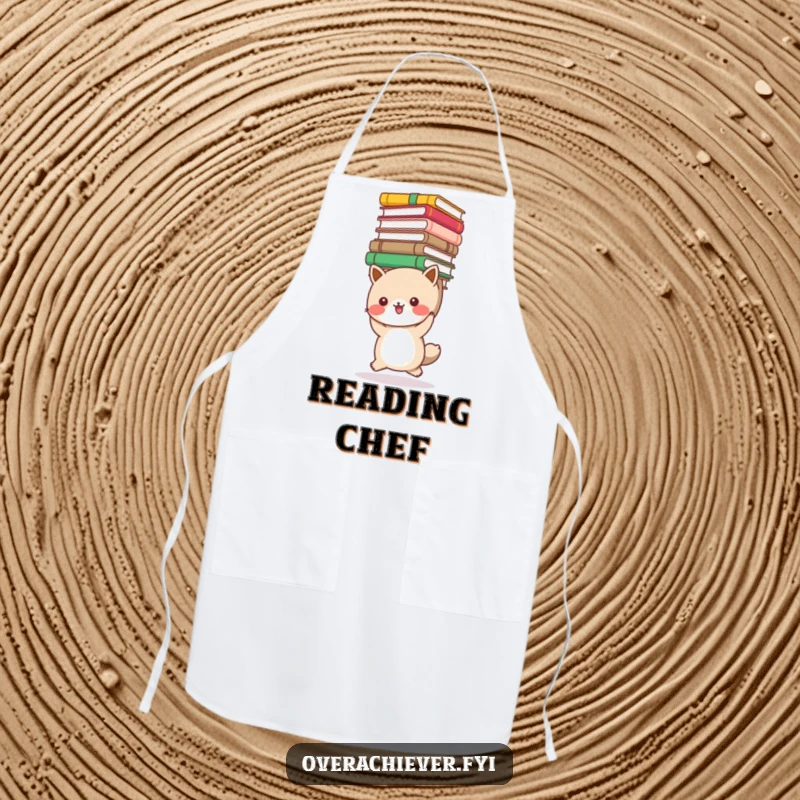 Funny bookworm animal apron with a cute character carrying a massive stack of books, perfect for kitchen or study sessions. Durable and humorous wear.