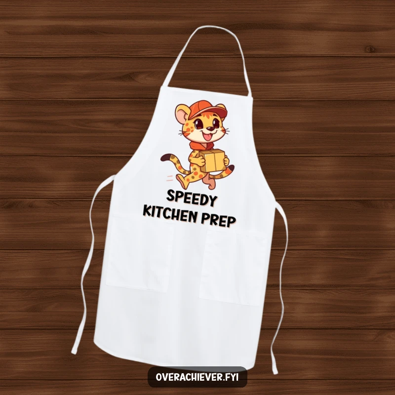 Funny Apron: A speedy cheetah character delivering packages, ready for quick kitchen tasks with humor.