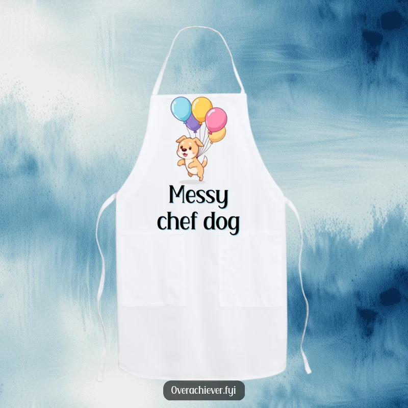 Funny cute dog character humorously herding escaped balloons on a durable kitchen apron, making cooking a playful adventure.