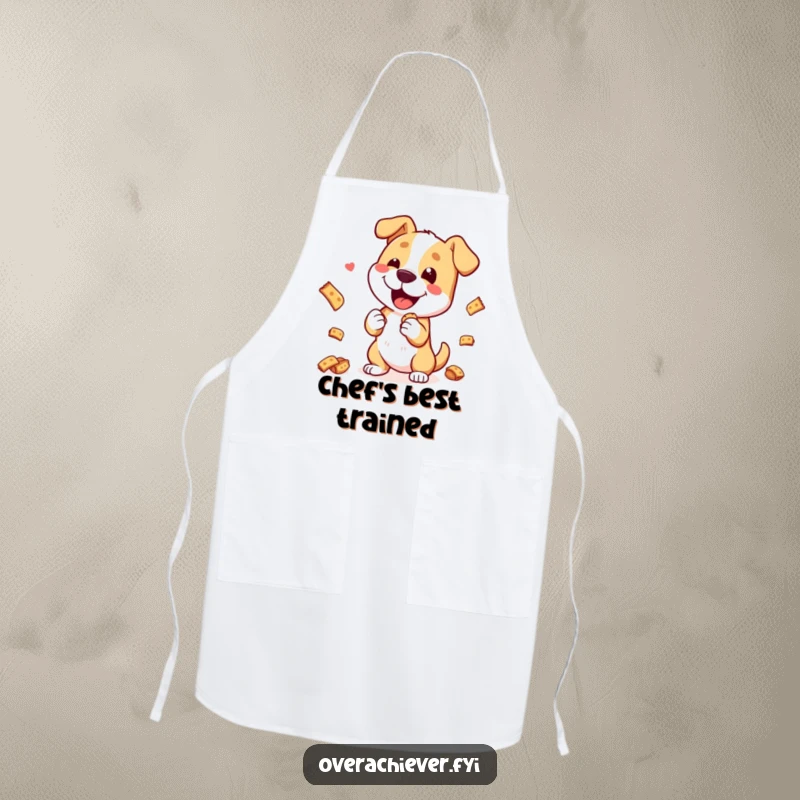Funny Apron: A happy dog character dressed as a chef, performing a treat trick, ready for kitchen adventures.
