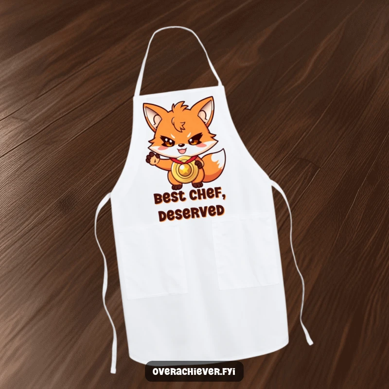 Funny driven fox apron, with a determined grin, presenting a shiny, oversized medal.