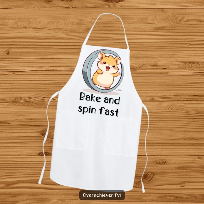 Funny Apron: A cheerful hamster character running at top speed on a large wheel, ready for kitchen adventures.