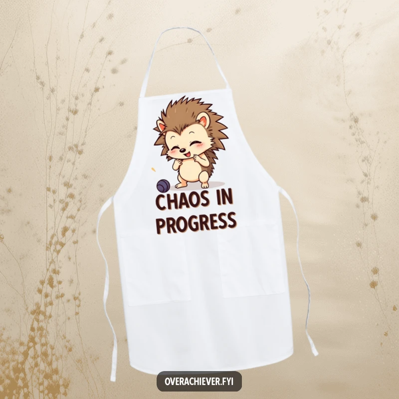 Funny Apron: A determined hedgehog character learning complex cooking skills with focused energy, ready for kitchen duty.