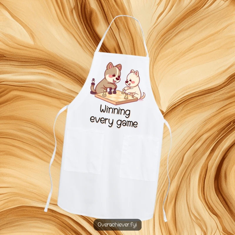 Funny kawaii dog character concentrating intensely on a chessboard, playing itself and winning, a humorous kitchen apron.