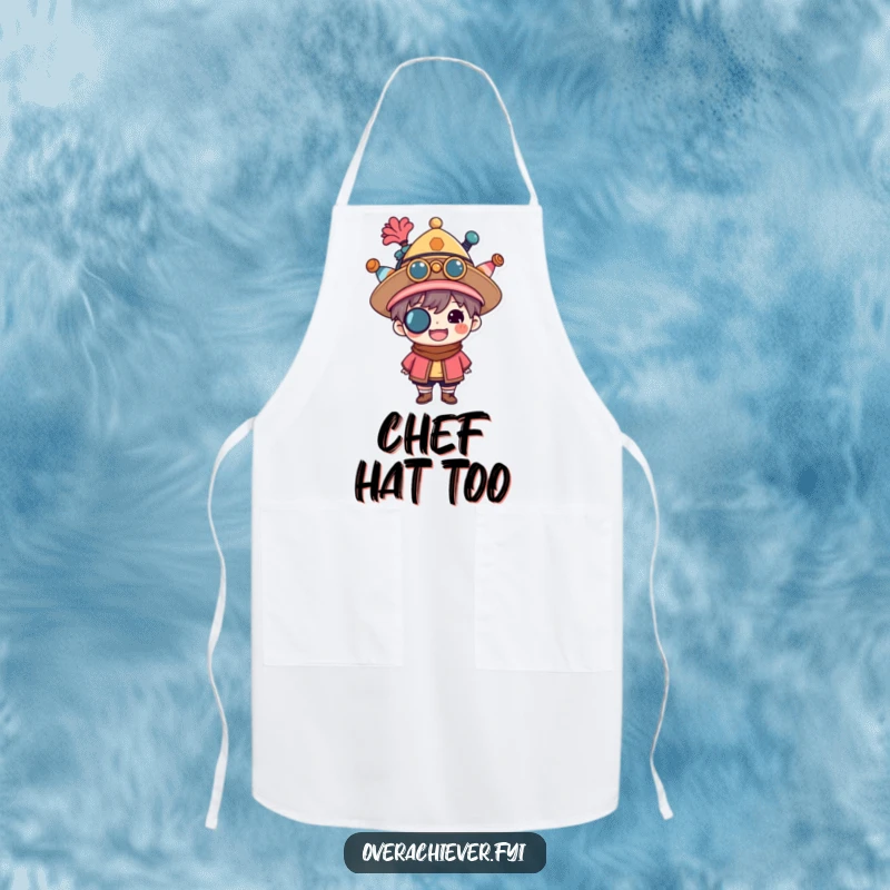 Funny multitasker apron with a proud character wearing multiple hats, perfect for any task. Durable and humorous kitchen or workshop wear.