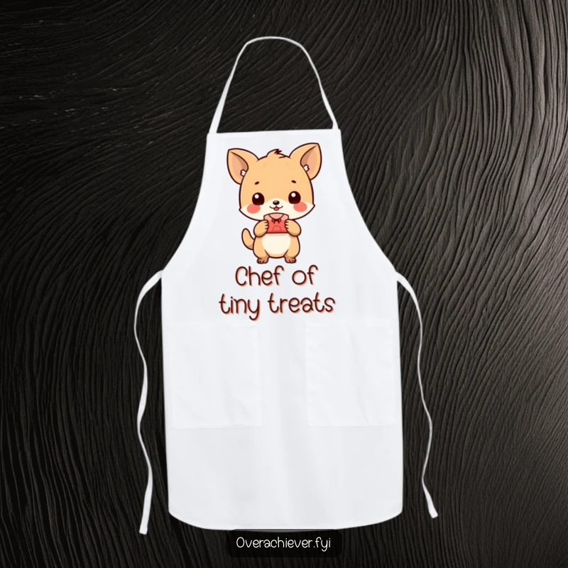 Funny animal apron, happily presenting a perfectly crafted small object, designed for creative tasks and bringing humorous pride. A practical gift.