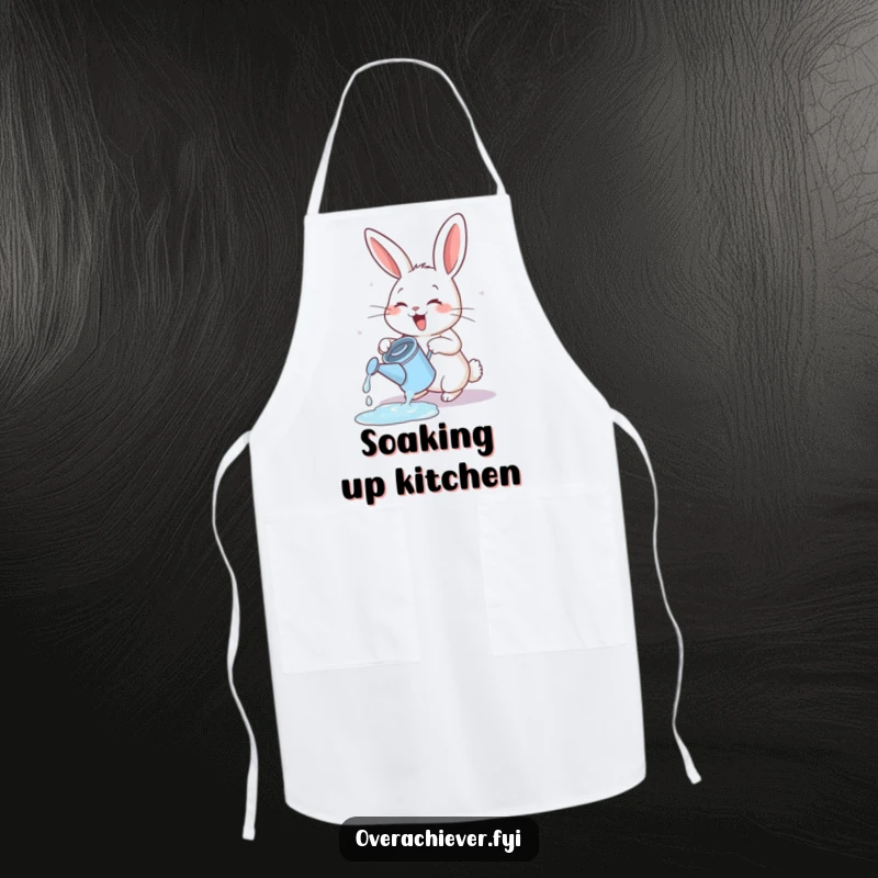 Funny energetic rabbit apron, exuberantly watering a tiny, overflowing watering can, garden helper.