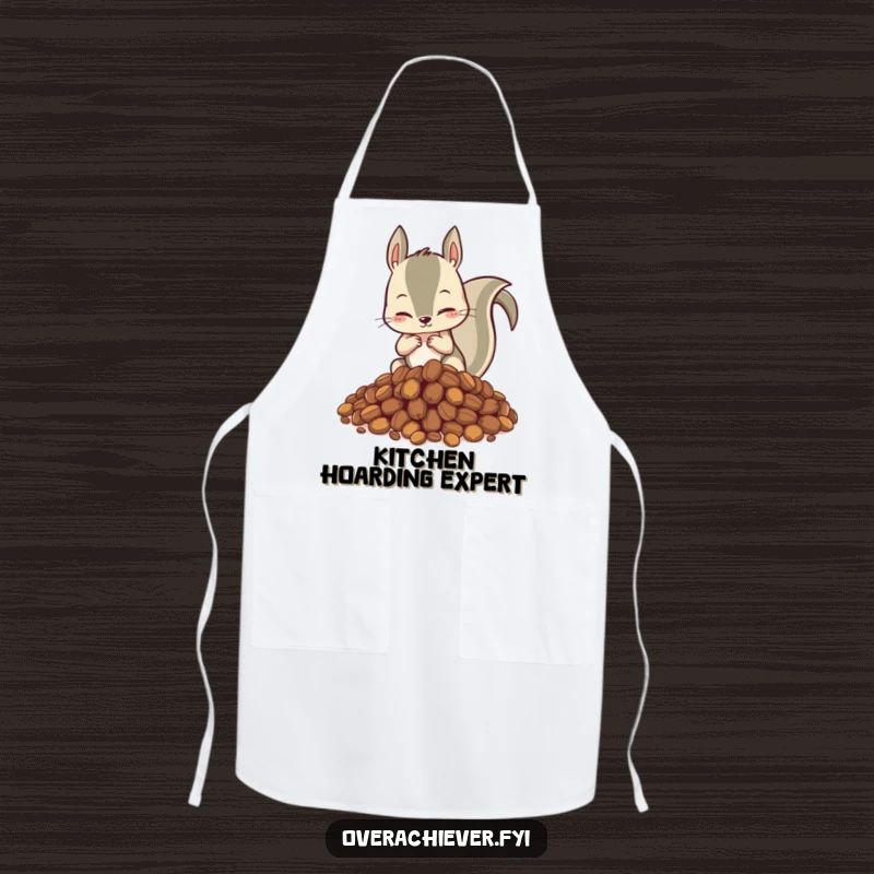 Funny apron with a hyperactive squirrel meticulously organizing a mountain of nuts, ideal for a kitchen helper with a sense of humor.