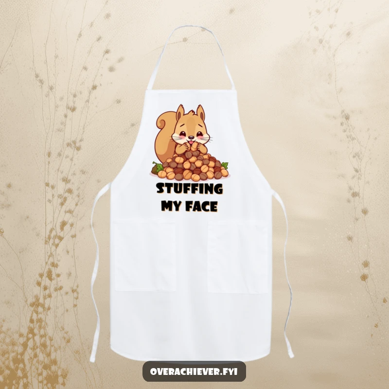 Funny cute squirrel character frantically stuffing an impossibly large amount of nuts, a humorous and practical kitchen apron.