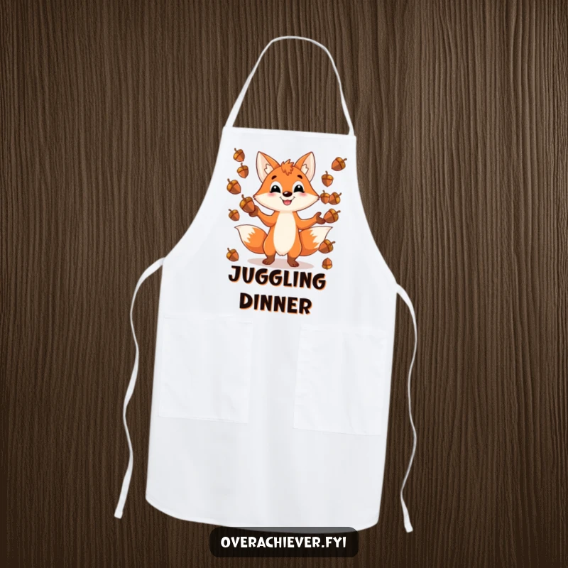 Funny apron with a playful fox character grinning while juggling an impossible number of shiny acorns, a humorous and practical accessory.