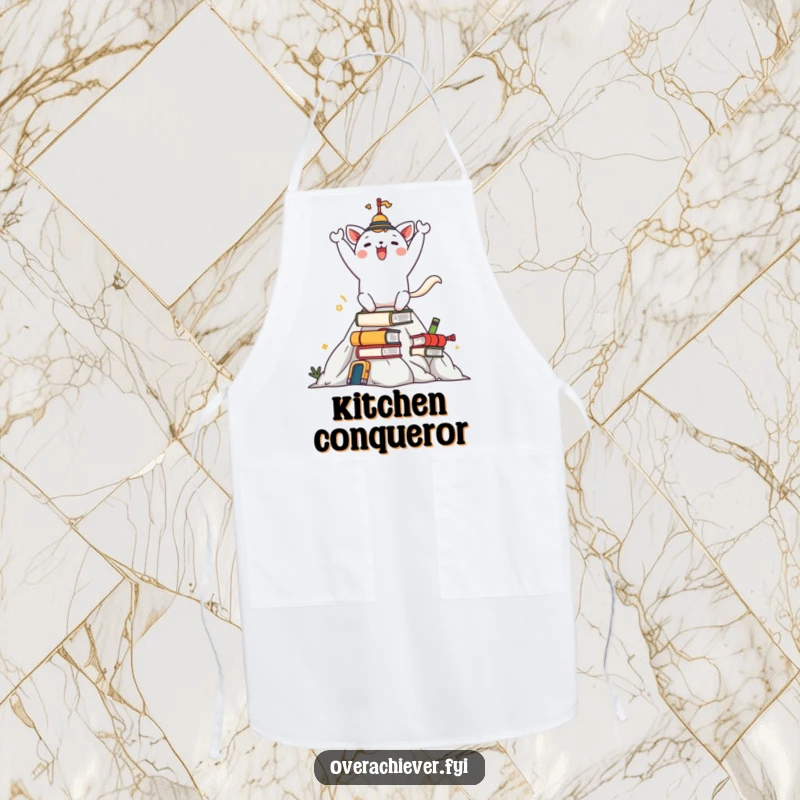 Funny apron with a happy animal character celebrating on a mountain of tasks, a humorous and motivational kitchen accessory.