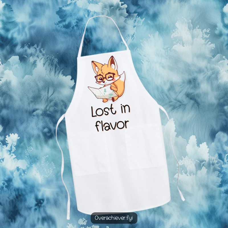 Funny Apron: A playful fox wearing spectacles, diligently studying a large map, ready to guide your cooking adventures with humor.