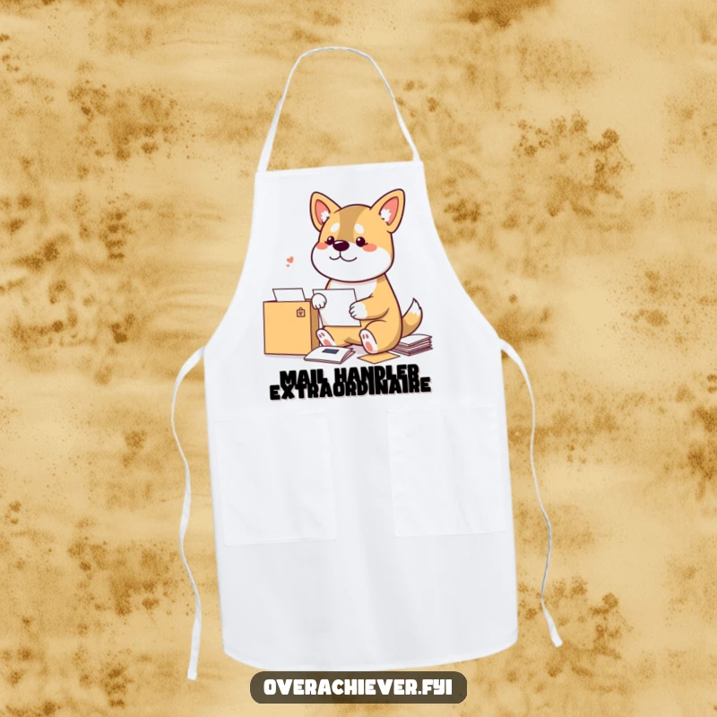Funny Dog Apron: A bouncy dog meticulously sorting mail by sender, bringing humor to the kitchen.