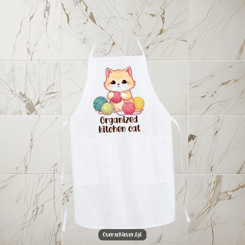 Funny fluffy cat meticulously organizing yarn balls by color gradient on an apron, making crafting fun.