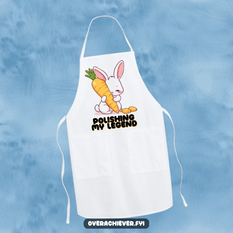 Funny apron with a determined rabbit polishing a giant golden carrot, perfect for kitchen humor and a great funny gift for chefs.