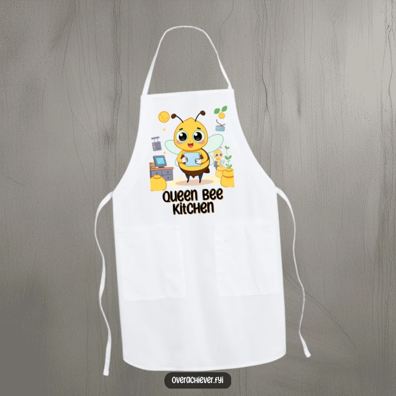 Funny bee apron featuring a busy character managing a hive, practical and humorous kitchen wear.
