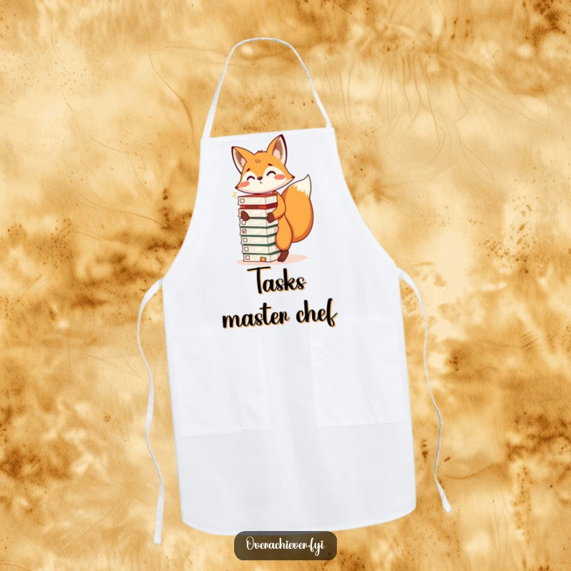Funny apron with an energetic fox balancing a stack of completed task lists, perfect for kitchen humor and a great funny gift.