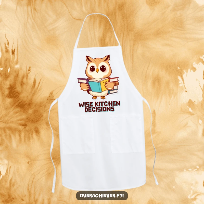 Funny owl apron featuring a cheerful character studying advanced textbooks, practical and humorous kitchen wear.