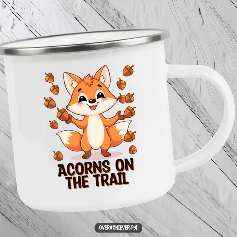 Funny camping mug with a playful fox character grinning while juggling an impossible number of shiny acorns, perfect for outdoor fun.