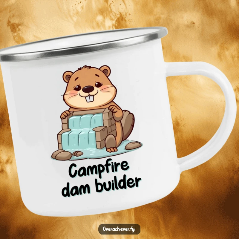 Funny diligent beaver camping mug, proudly showing off a colossal, perfectly built miniature dam by a river.