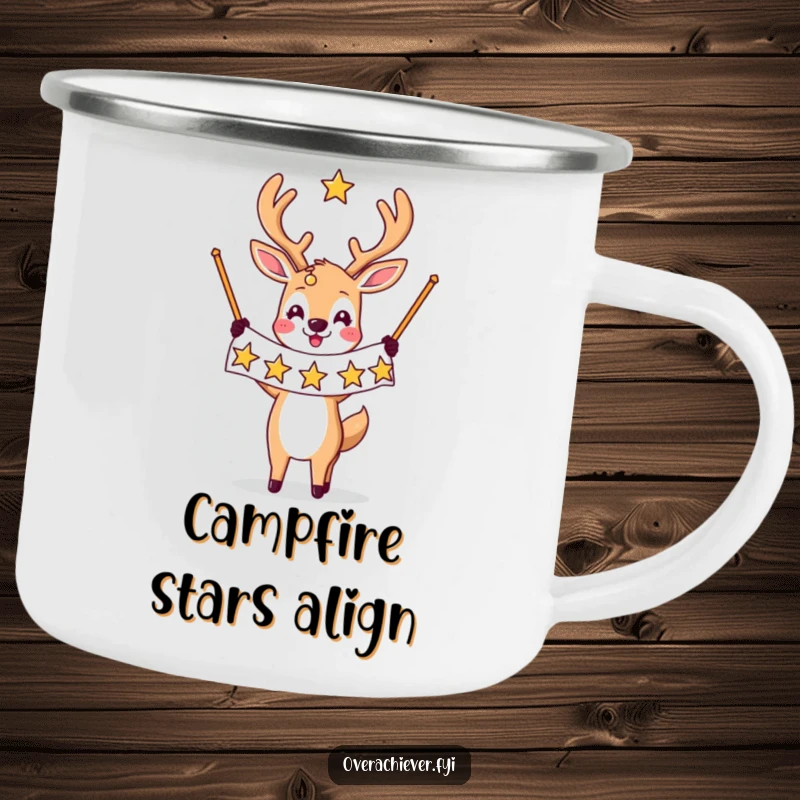 Funny camping mug art: A triumphant deer character holds a banner decorated with many stars, symbolizing outdoor success and joy.