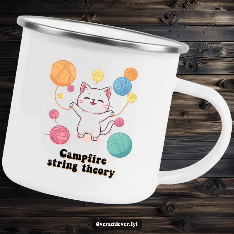 Funny camping mug featuring a Kawaii cat juggling yarn balls, ready for outdoor relaxation and inventive crafting sessions.