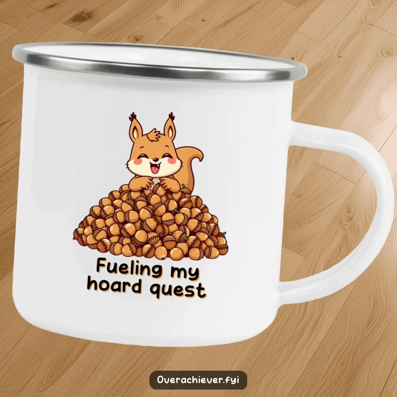 Funny squirrel camping mug featuring a happy character hoarding acorns, durable and humorous for outdoor use.