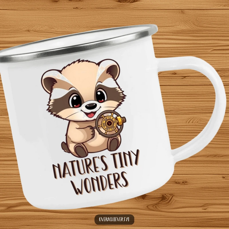 Funny Camping Mug: A delighted badger character with wide eyes, examining a small, intricate mechanism, ready for adventure.