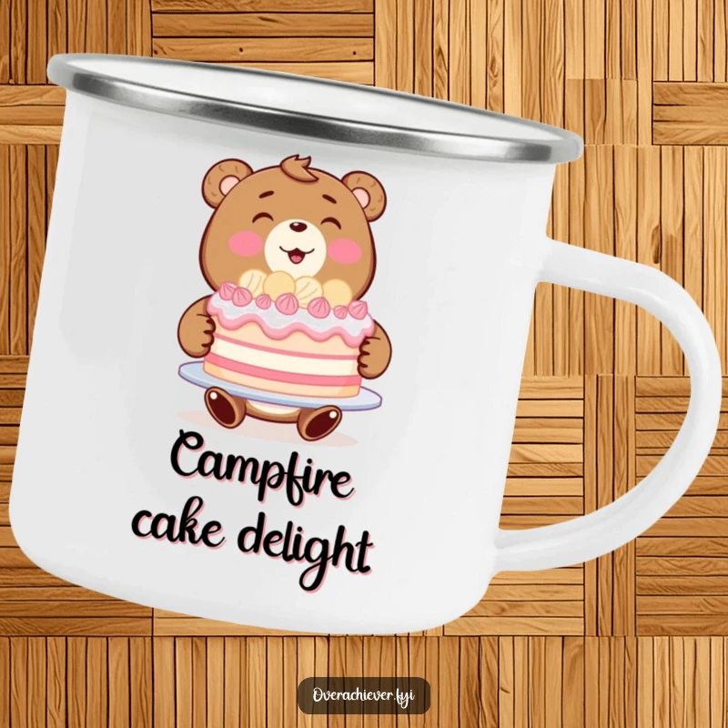 Funny bear baker camping mug showing a beaming bear presenting a large cake, celebrating success in an outdoor setting.