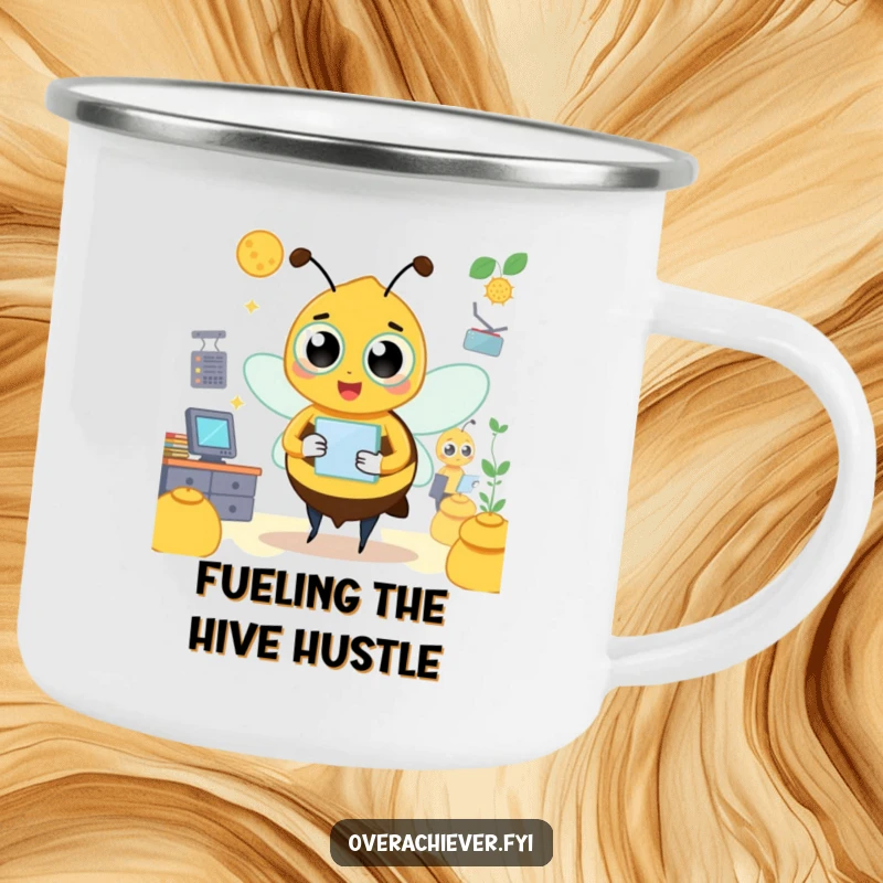 Funny bee camping mug featuring a busy character managing a hive, durable and humorous for outdoor use.