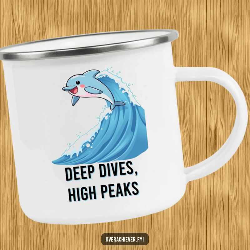 Funny camping mug featuring a dolphin character joyfully leaping over a tall, sparkling wave, ideal for adventurous outdoor enthusiasts.