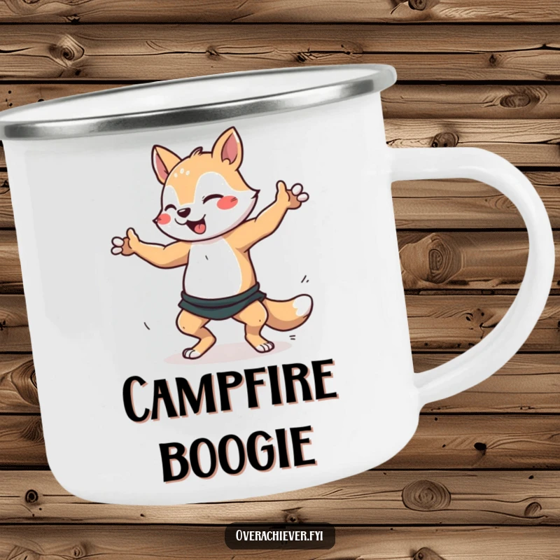 Funny dancer animal camping mug with a character furiously practicing a dance routine, perfect for outdoor breaks. Durable and humorous drinkware.