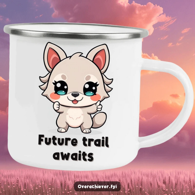 Funny Camping Mug featuring a determined animal with a confident smile, pointing towards exciting future adventures and the great outdoors.
