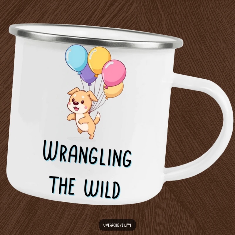 Funny cute dog character humorously herding escaped balloons on a durable camping mug, perfect for outdoor antics.