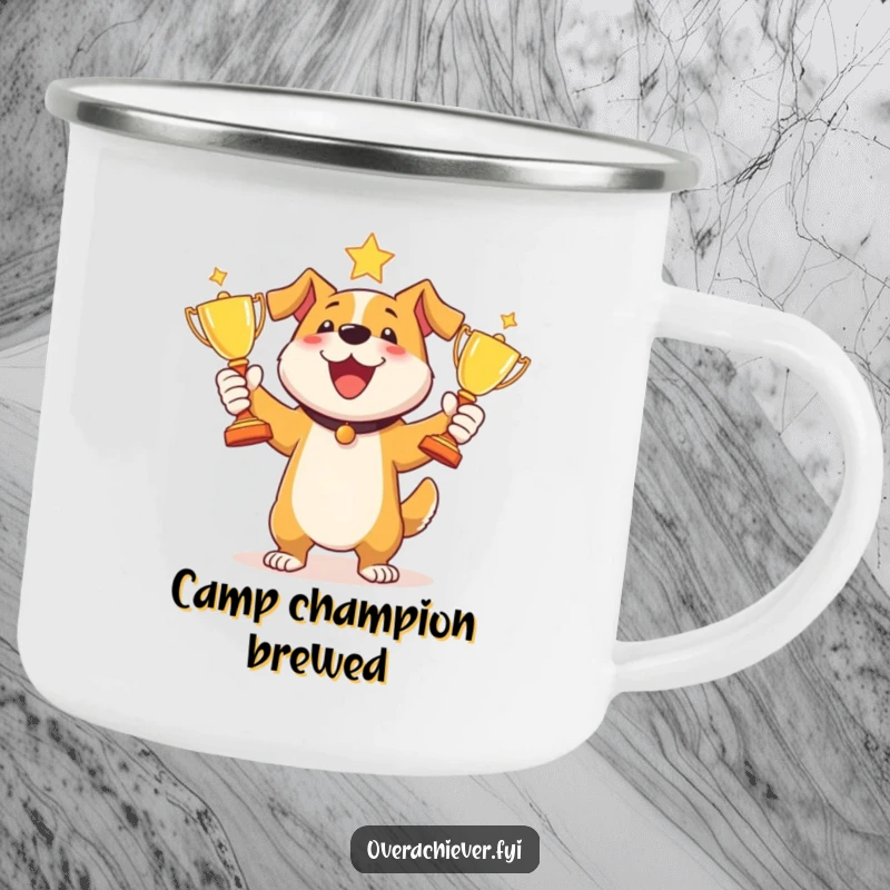 Funny dog juggling trophies camping mug showing a happy dog tossing shiny trophies, celebrating success in an outdoor setting.