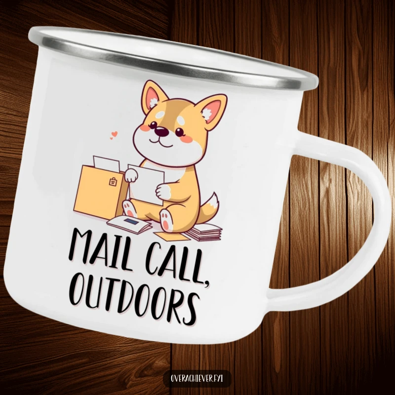 Funny Dog Camping Mug: A bouncy dog meticulously sorting mail by sender, perfect for outdoor adventures with a humorous twist.