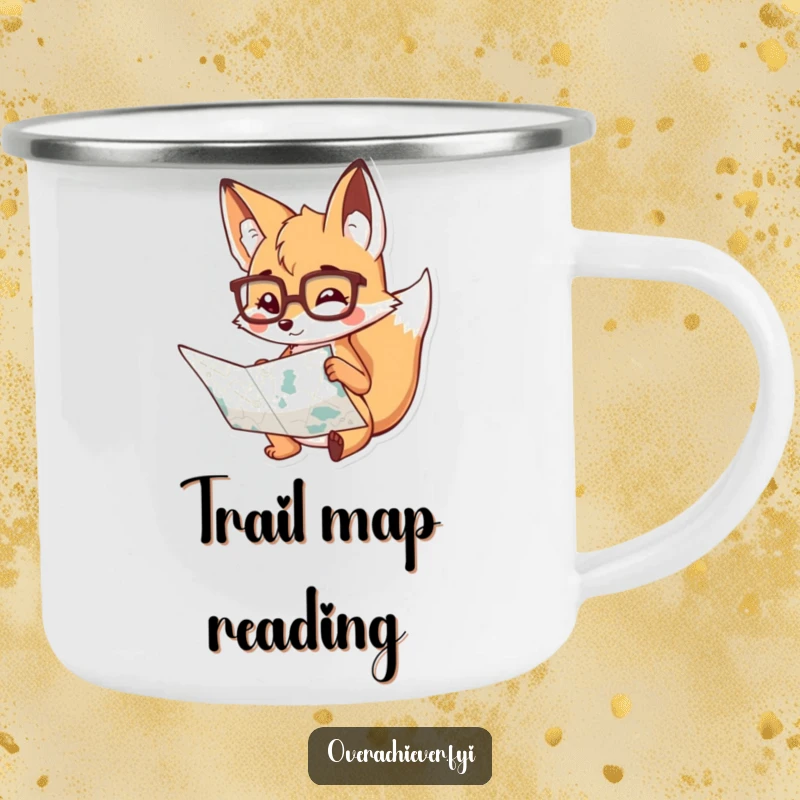 Funny Camping Mug: A playful fox wearing spectacles, diligently studying a map during an outdoor adventure, bringing humor and direction.