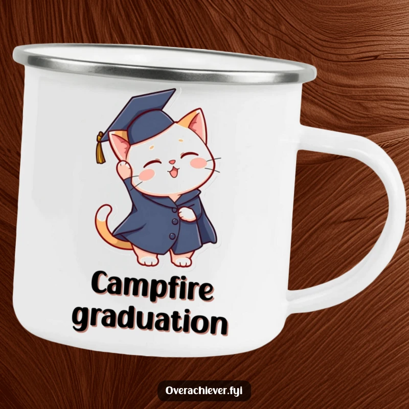 Funny graduation cat camping mug showing a festive cat in a cap and gown tossing it joyfully during an outdoor celebration.