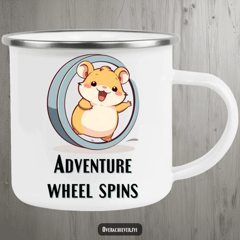 Funny Camping Mug: A cheerful hamster character running at top speed on a large wheel in an outdoor setting.
