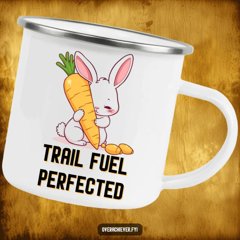 Funny camping mug featuring a determined rabbit polishing a giant golden carrot, perfect for outdoor humor and a great funny gift.