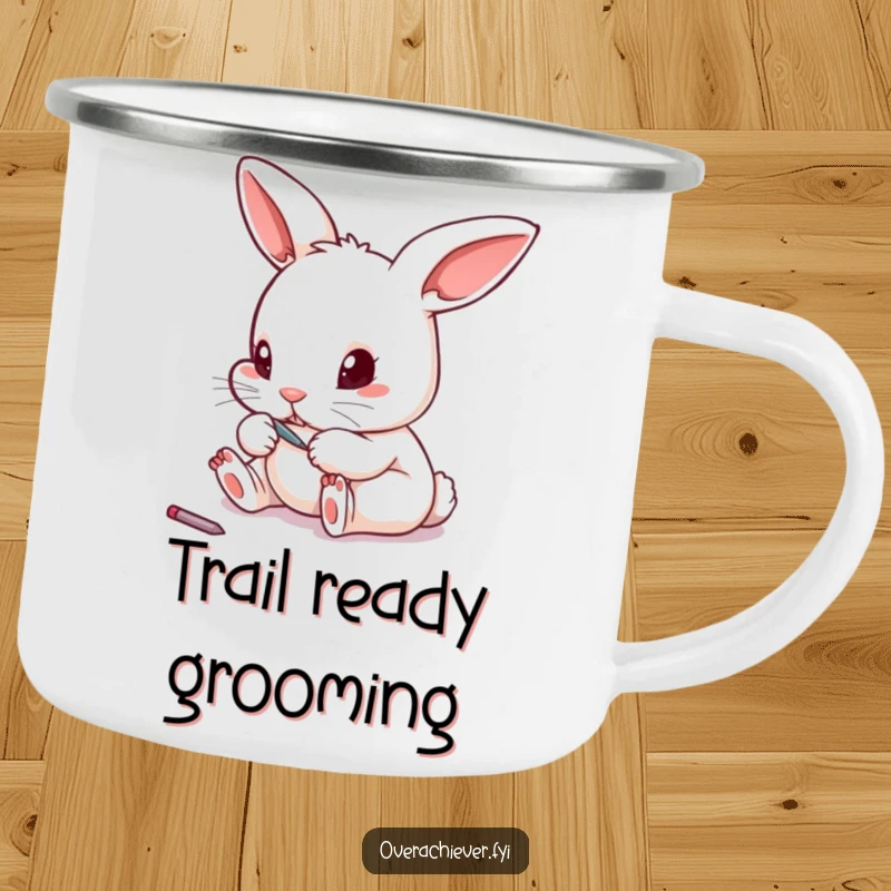 Funny tiny rabbit filing its toenails with a miniature file on a camping mug, adding humor to outdoor adventures.